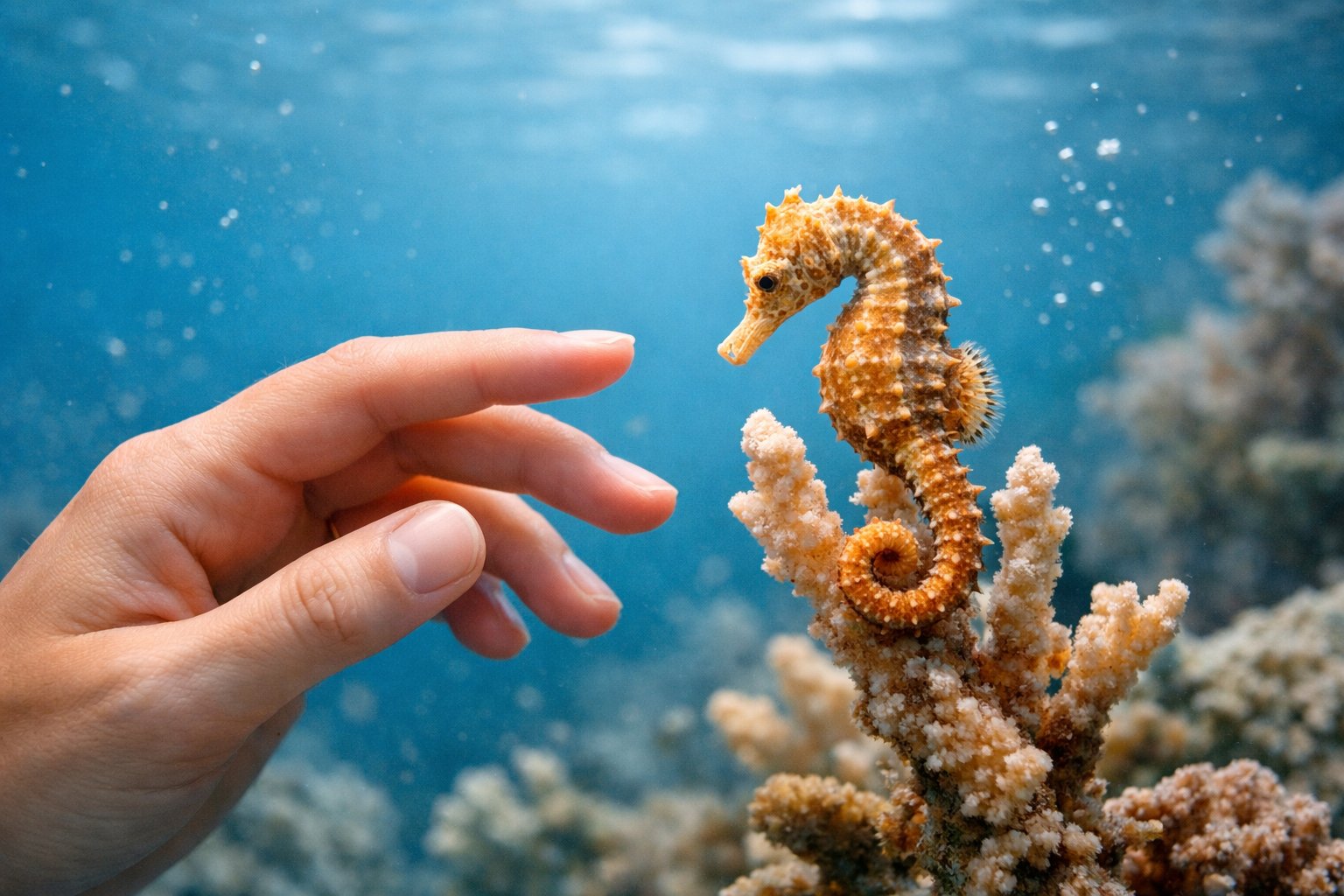 A close-up underwater scene showing a human hand gently reaching towards a small seahorse attached to coral.