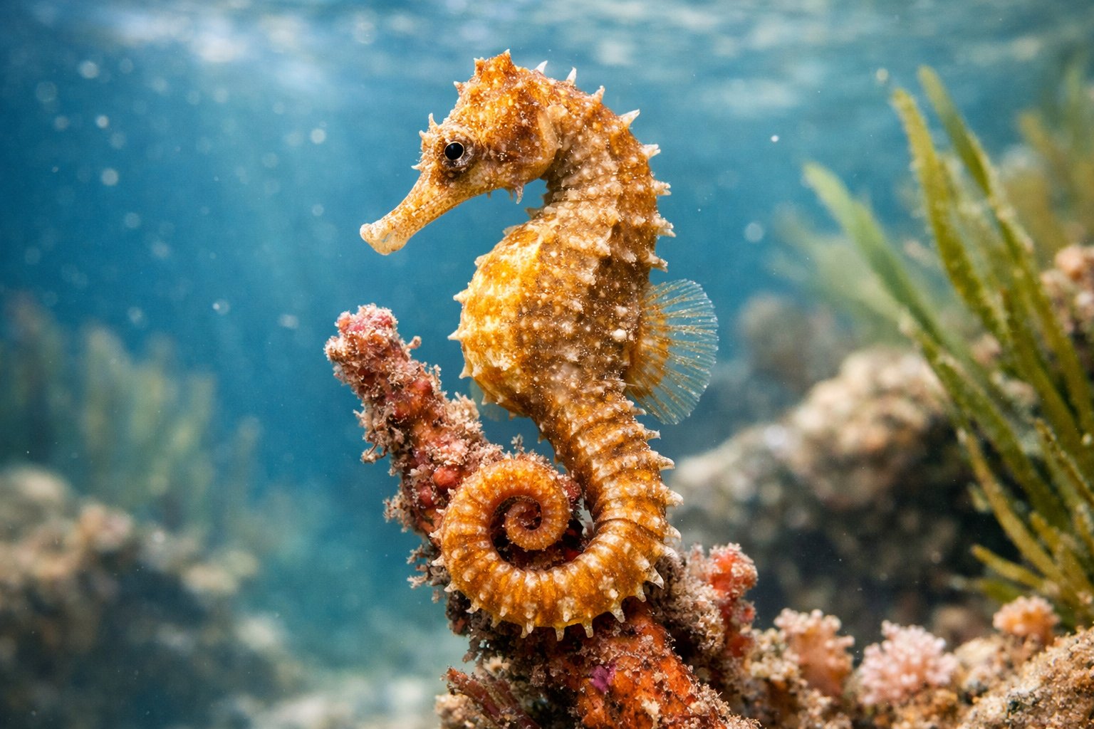 A close-up underwater view of a seahorse attached to coral with surrounding aquatic plants.