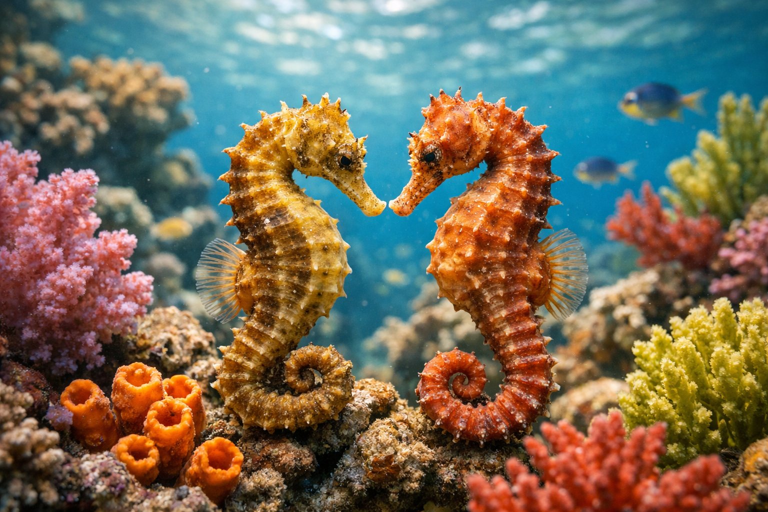 Two seahorses facing each other among coral and sea plants underwater.