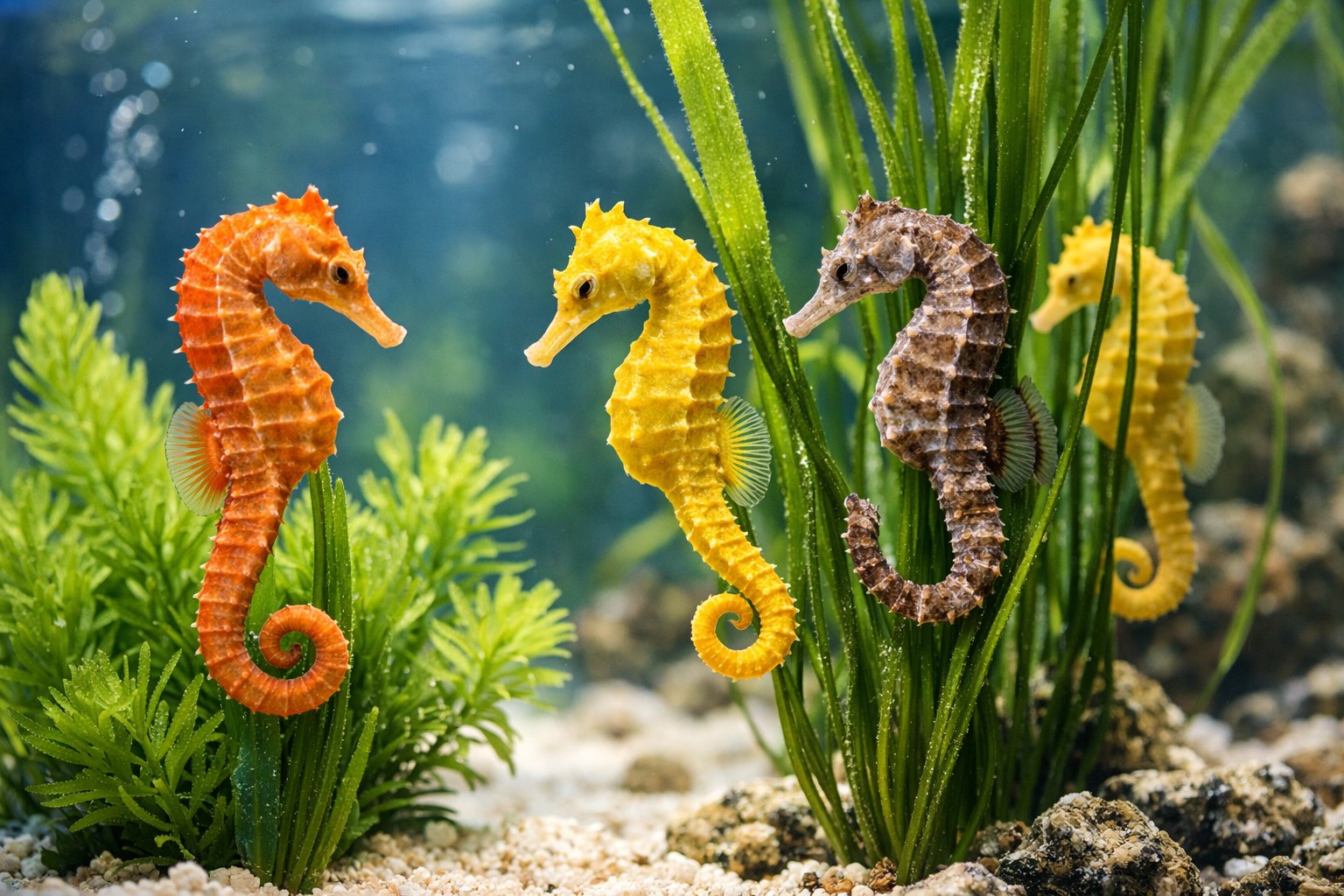 Seahorses swimming and clinging to plants inside a clear aquarium.