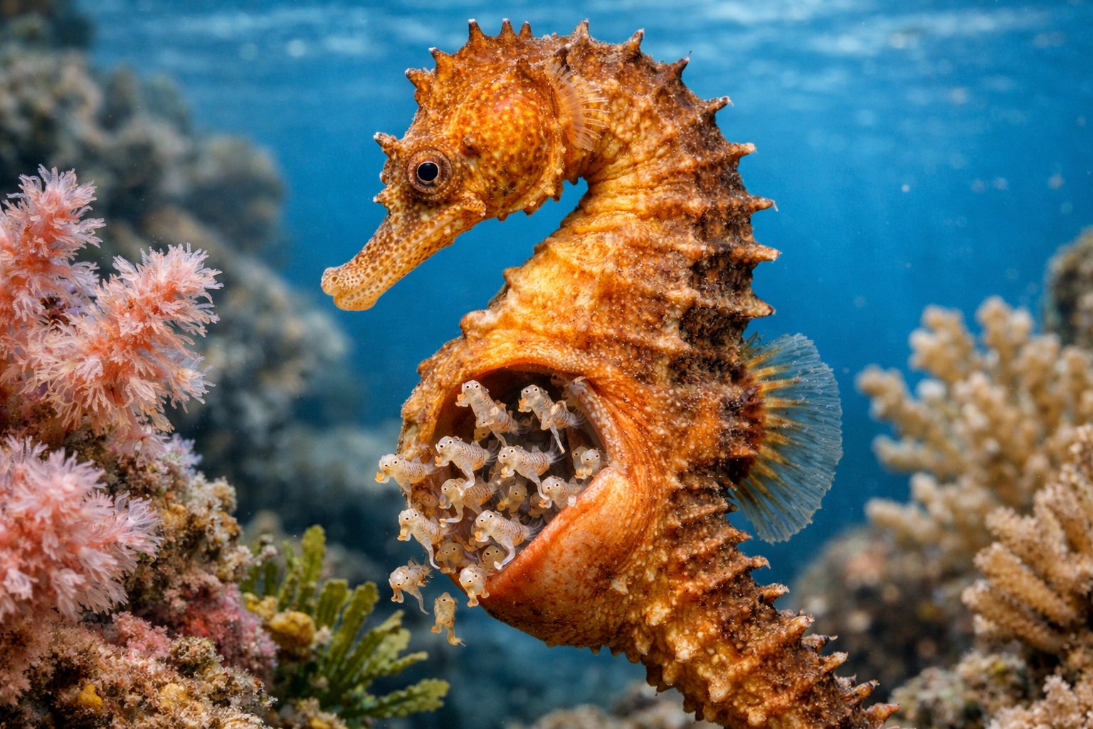 A male seahorse underwater with baby seahorses emerging from its brood pouch in a coral reef.
