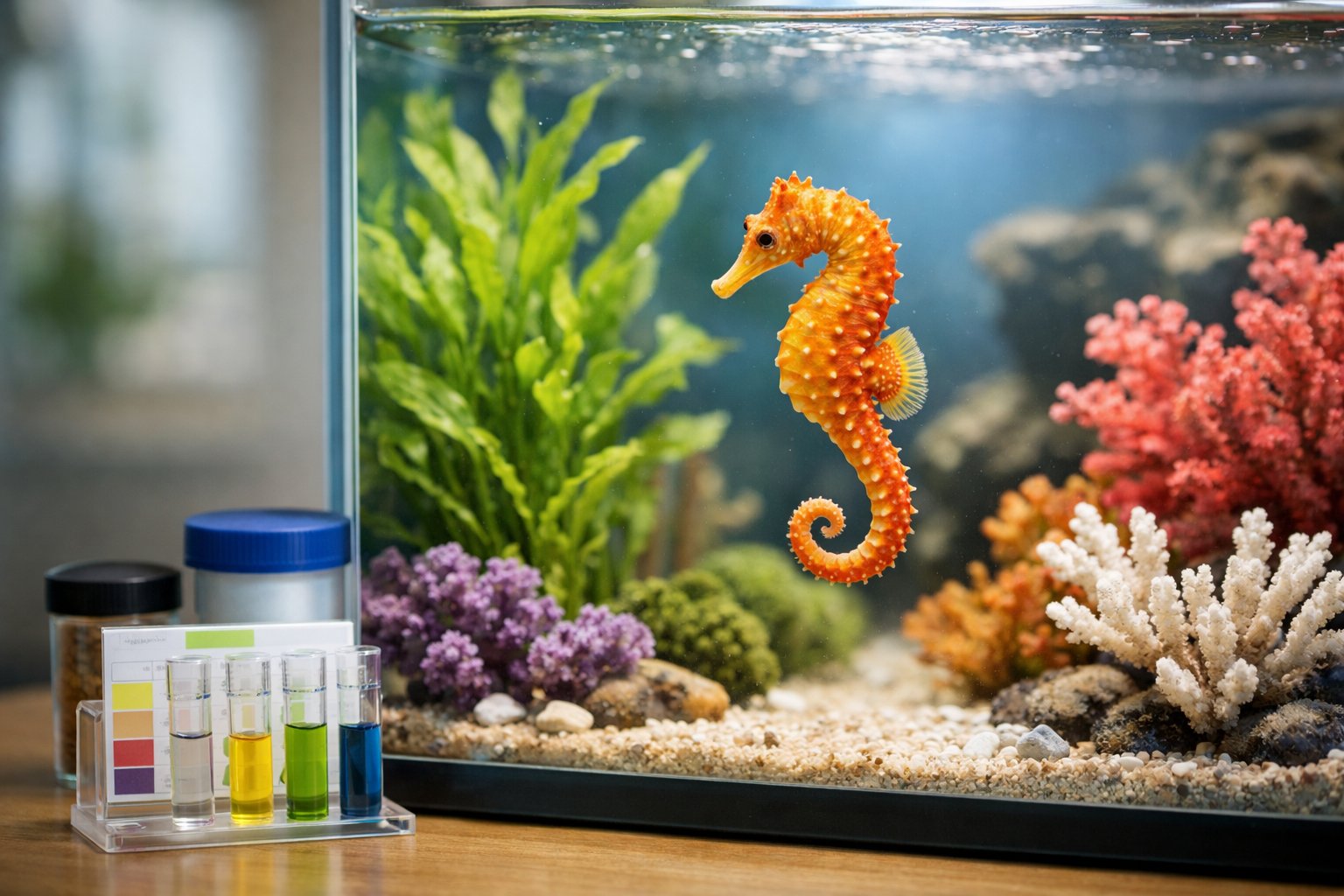 A seahorse swimming in a clear aquarium with aquatic plants and coral, surrounded by pet care items.