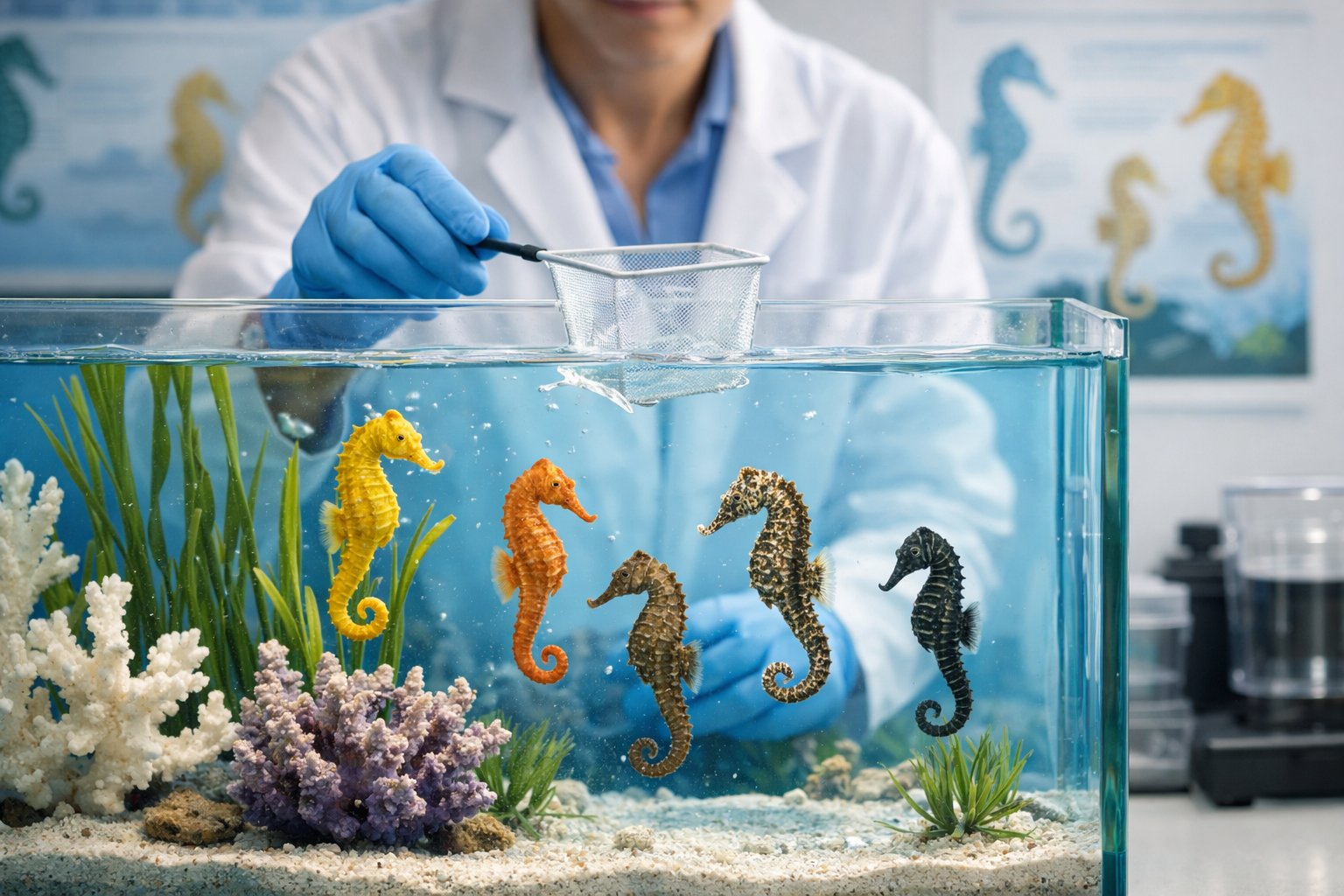 A marine biologist in a lab coat carefully tending to seahorses inside a clear aquarium filled with aquatic plants.