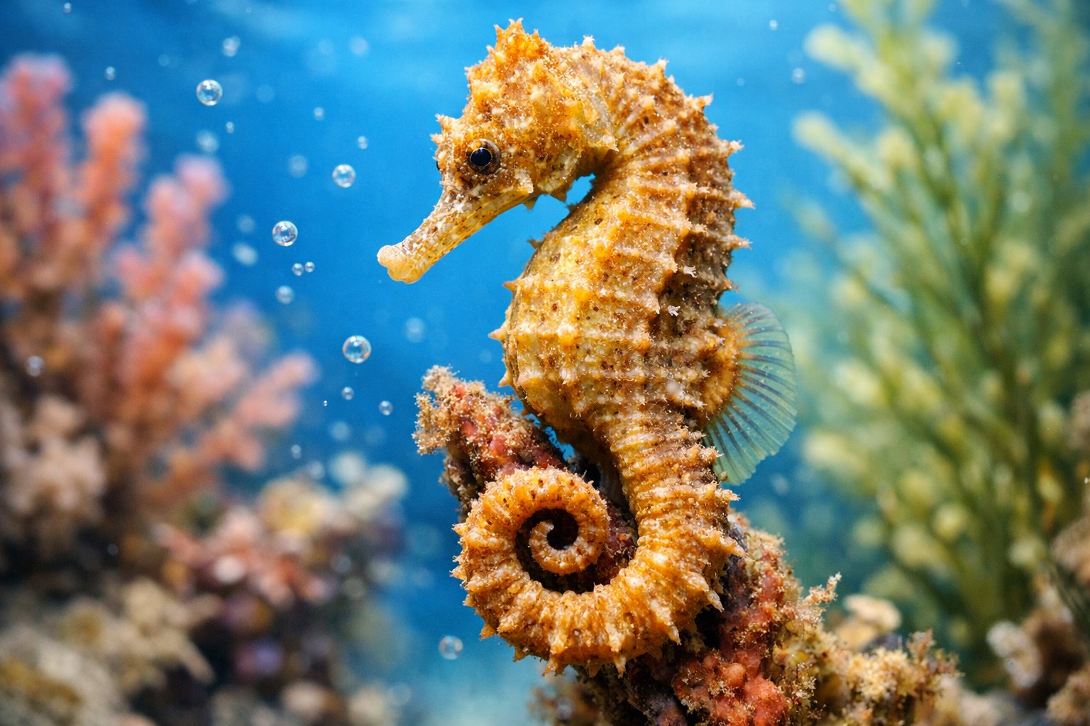 A close-up underwater view of a seahorse holding onto coral with a blue ocean background.