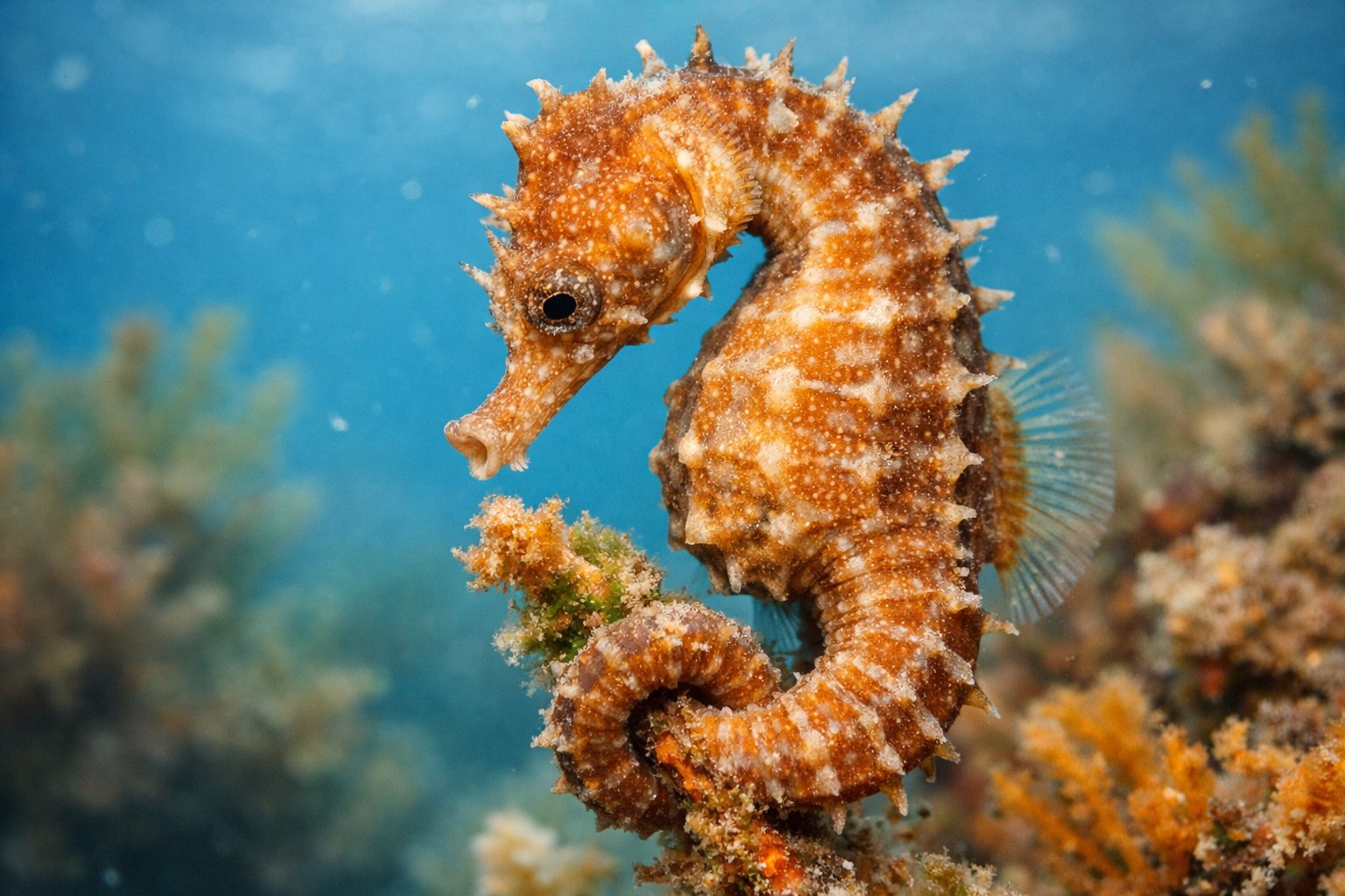 Close-up of a seahorse clinging to coral underwater surrounded by marine plants.