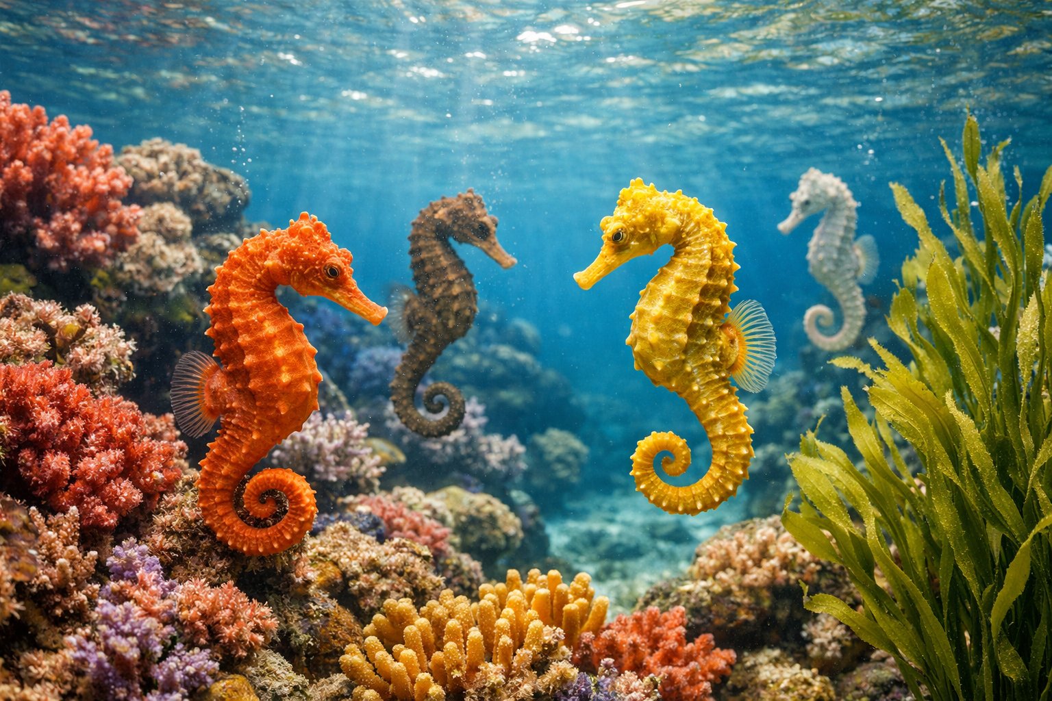 Several seahorses floating among coral reefs and aquatic plants underwater.