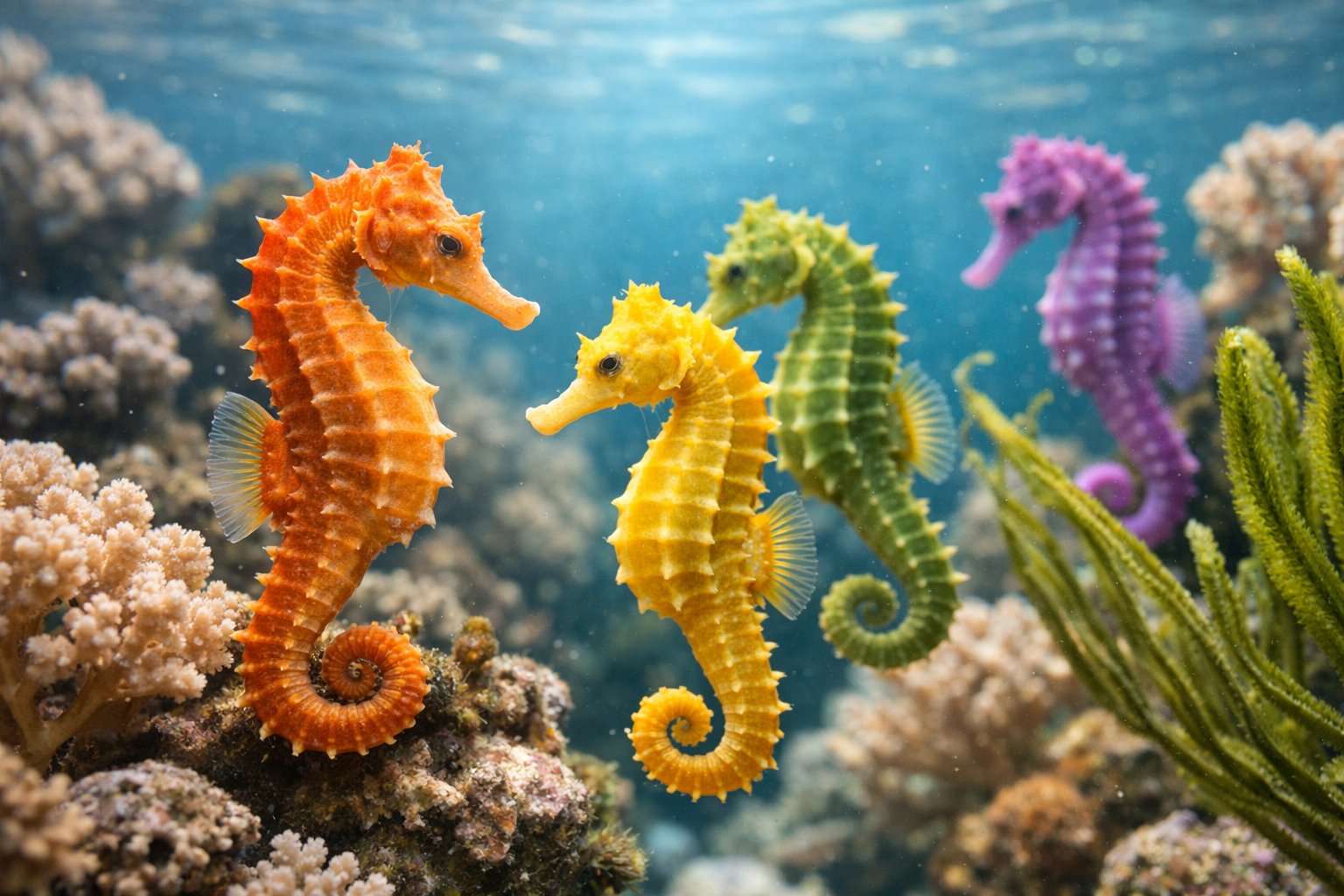 Close-up underwater view of colorful seahorses floating near coral and seaweed.