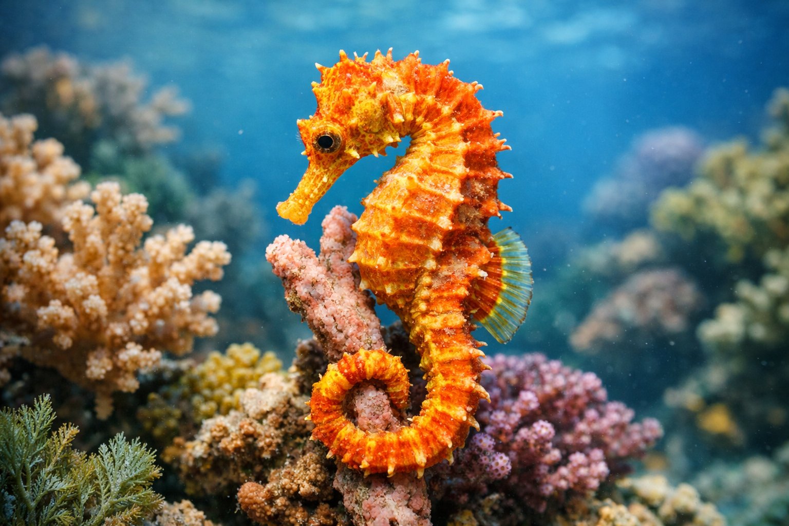 A close-up of a seahorse clinging to coral underwater surrounded by marine plants.