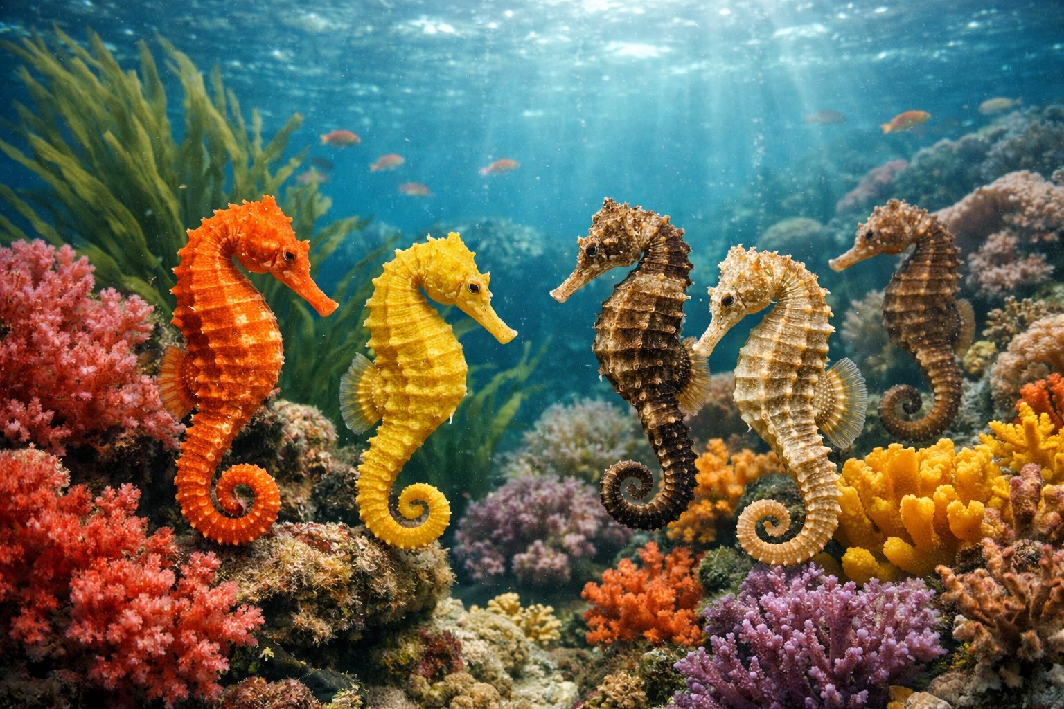 Several seahorses floating near coral reefs and seaweed underwater.