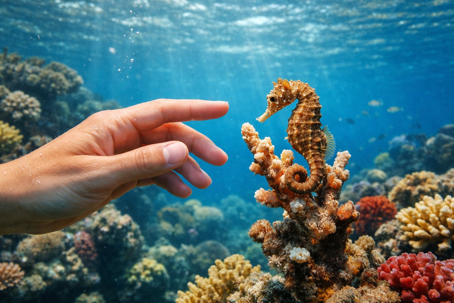A person underwater reaching out their hand near a small seahorse attached to coral in a clear ocean environment.