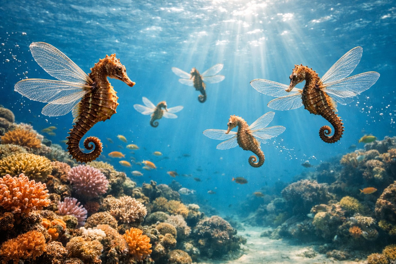 Seahorses with translucent wings flying above a colorful coral reef underwater.