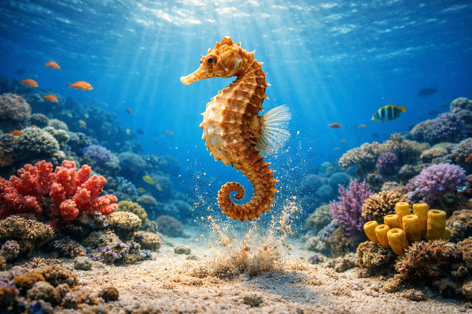 A seahorse rising above coral reefs underwater surrounded by fish and marine plants.