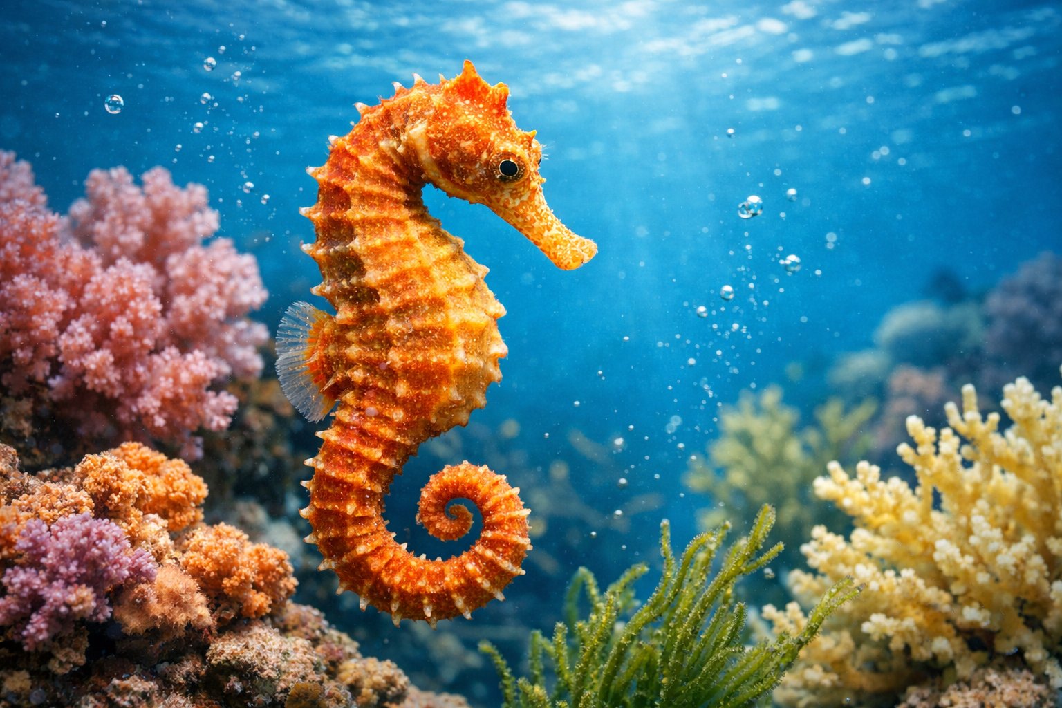 Close-up underwater scene of a seahorse floating near coral reefs in clear blue water.