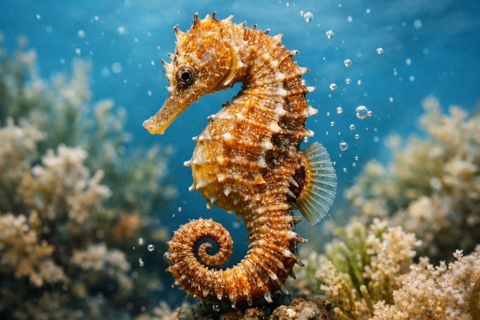 A close-up underwater image of a seahorse among seaweed and coral in clear blue water.
