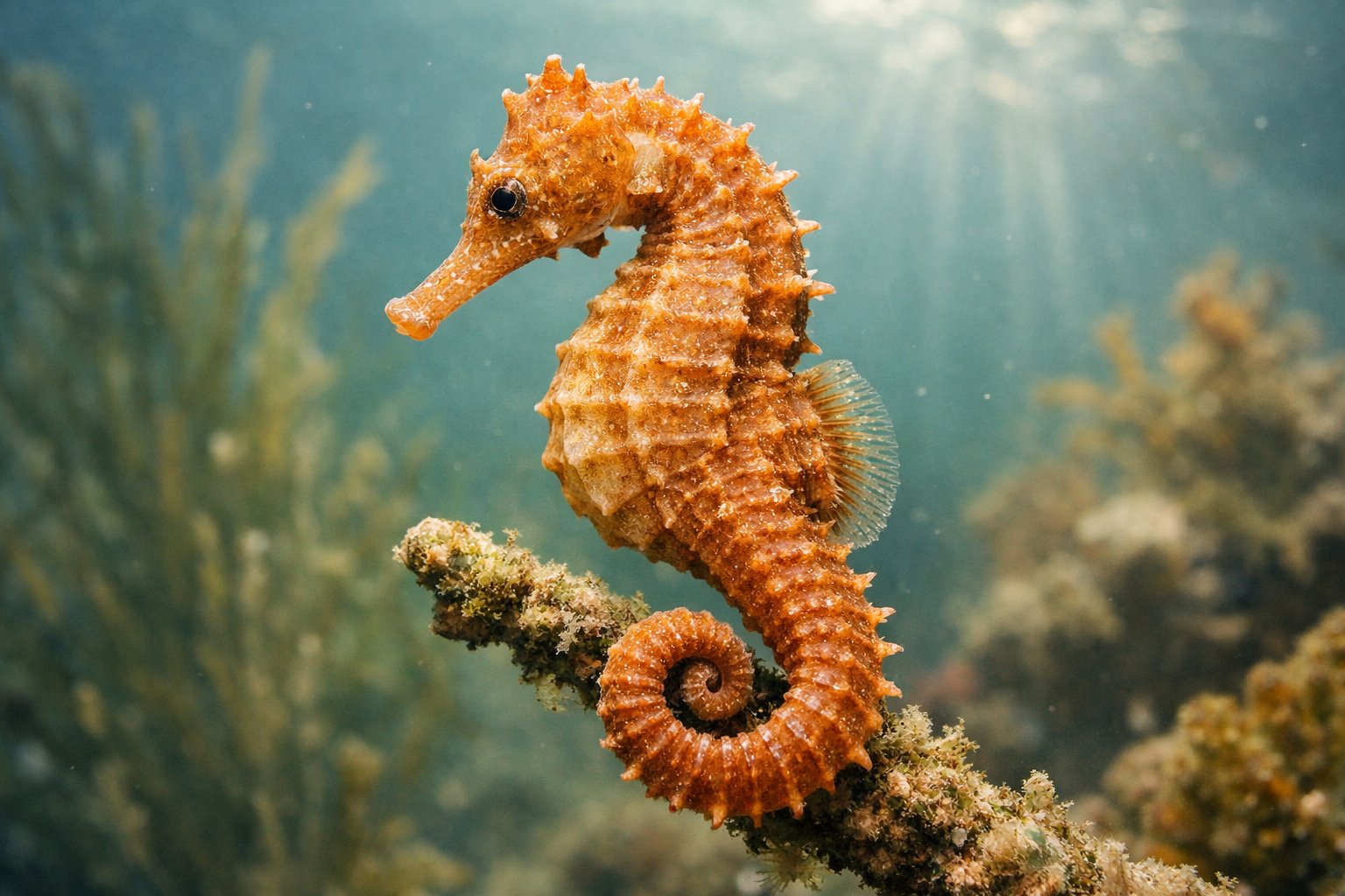 A close-up underwater image of a seahorse holding onto coral with its tail in a calm marine environment.