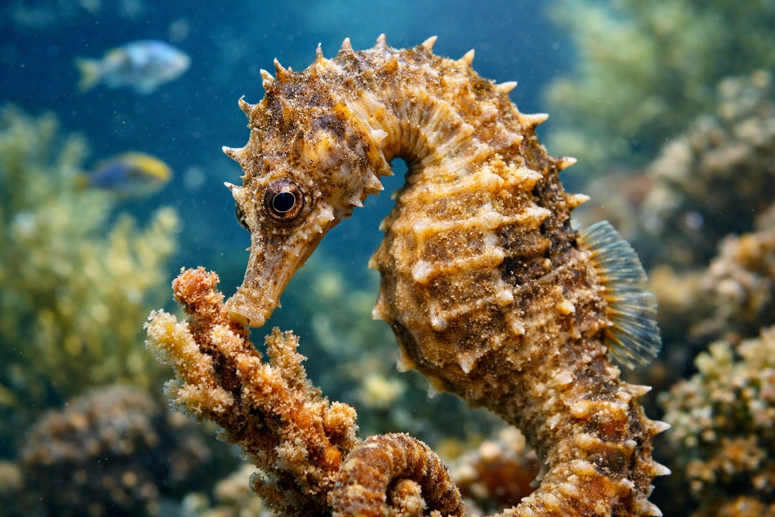 A close-up of a seahorse underwater near coral and aquatic plants.