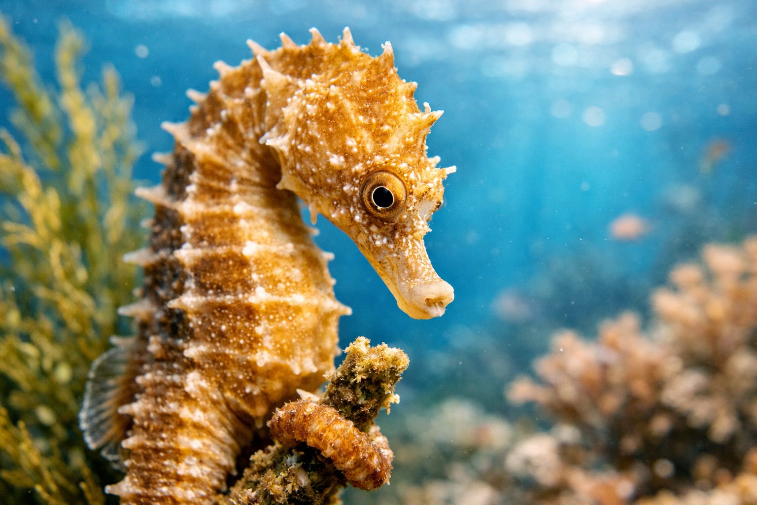 Close-up underwater image of a seahorse holding onto seaweed in a vibrant marine environment.