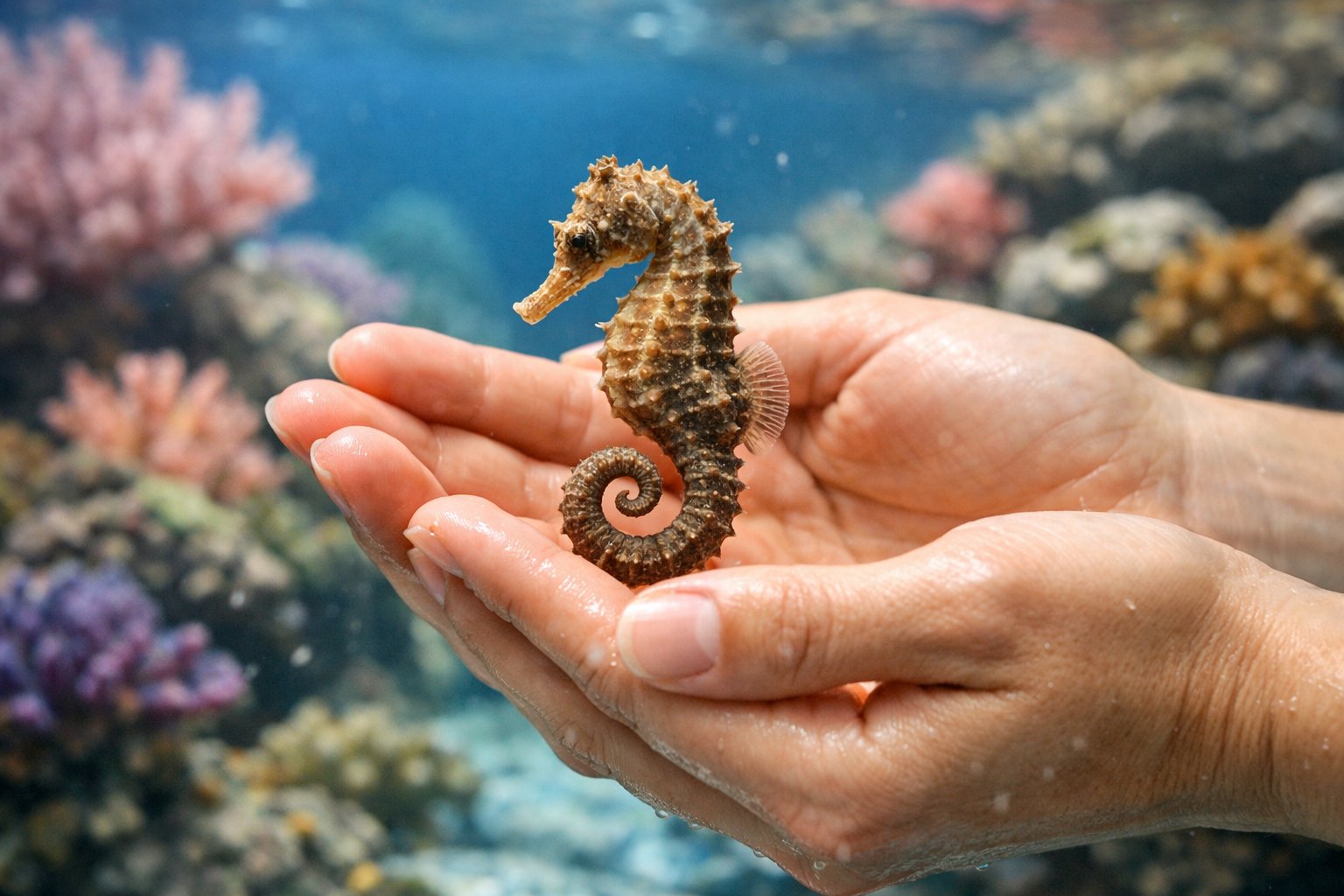 A person holding a small seahorse underwater in an aquarium with coral and marine plants in the background.