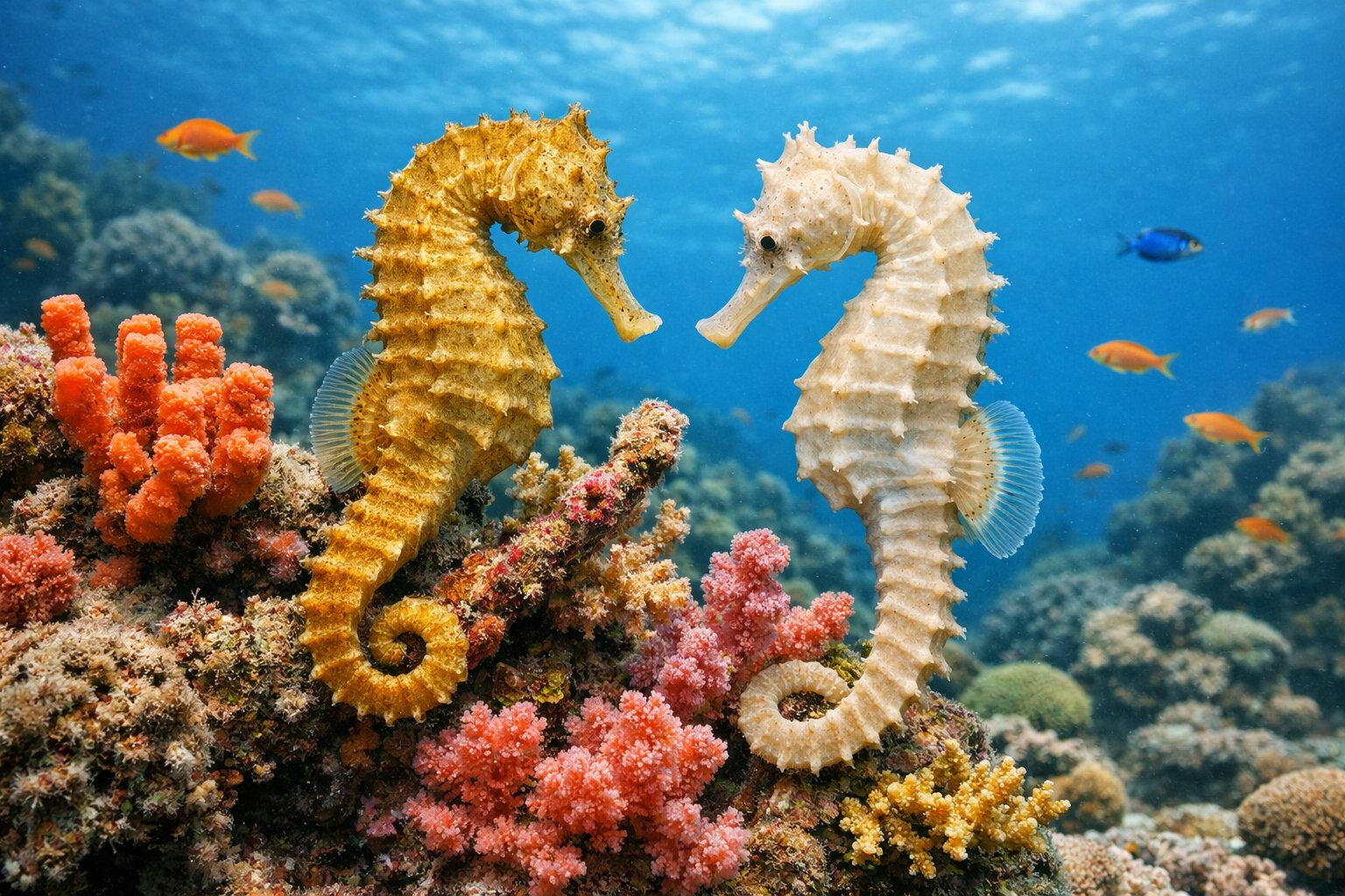 Two seahorses anchored to a colorful coral reef underwater surrounded by small fish and clear blue water.