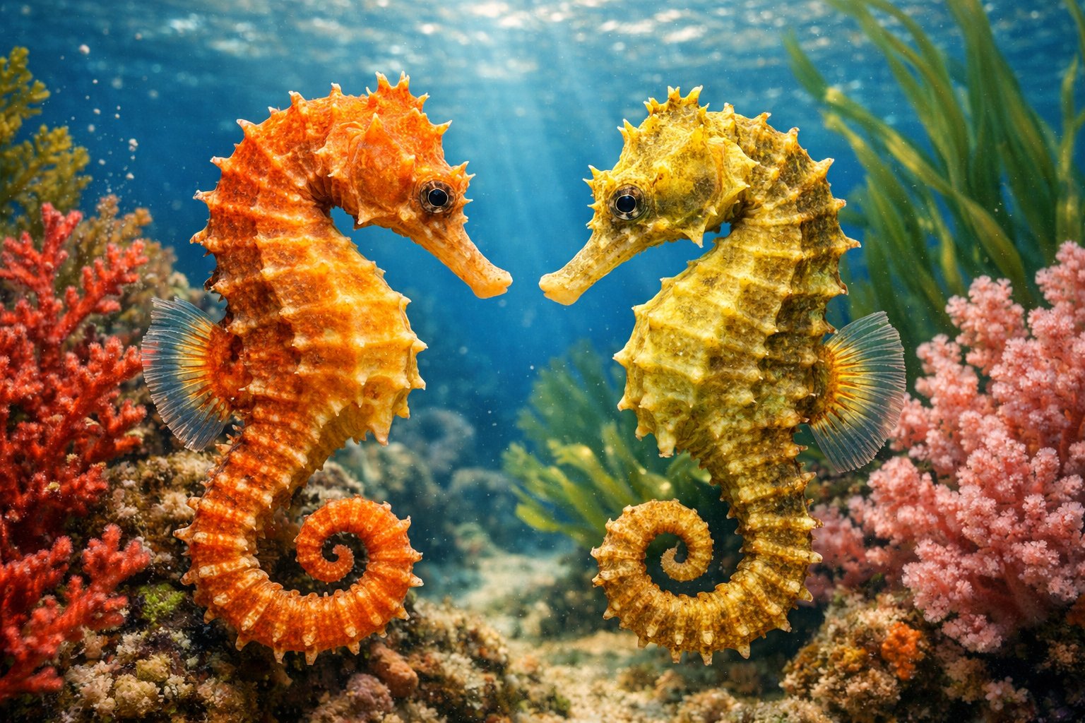 Two seahorses facing each other underwater among coral and seaweed.