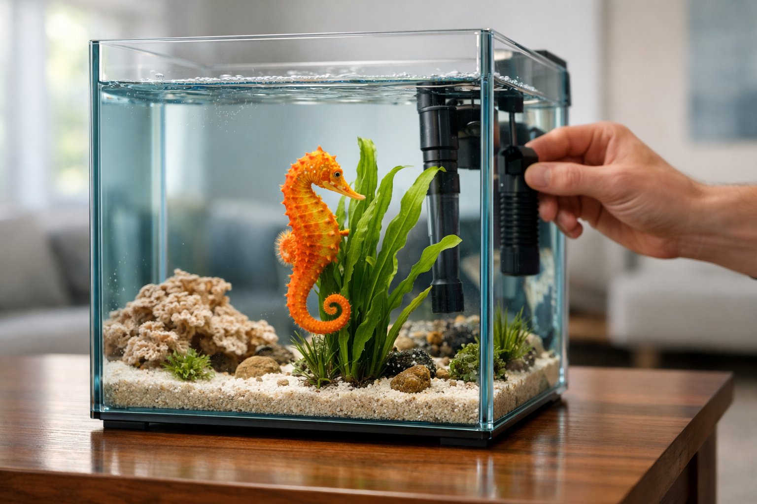 A seahorse inside a clear glass aquarium on a wooden table in a living room, with a person’s hand adjusting equipment nearby.