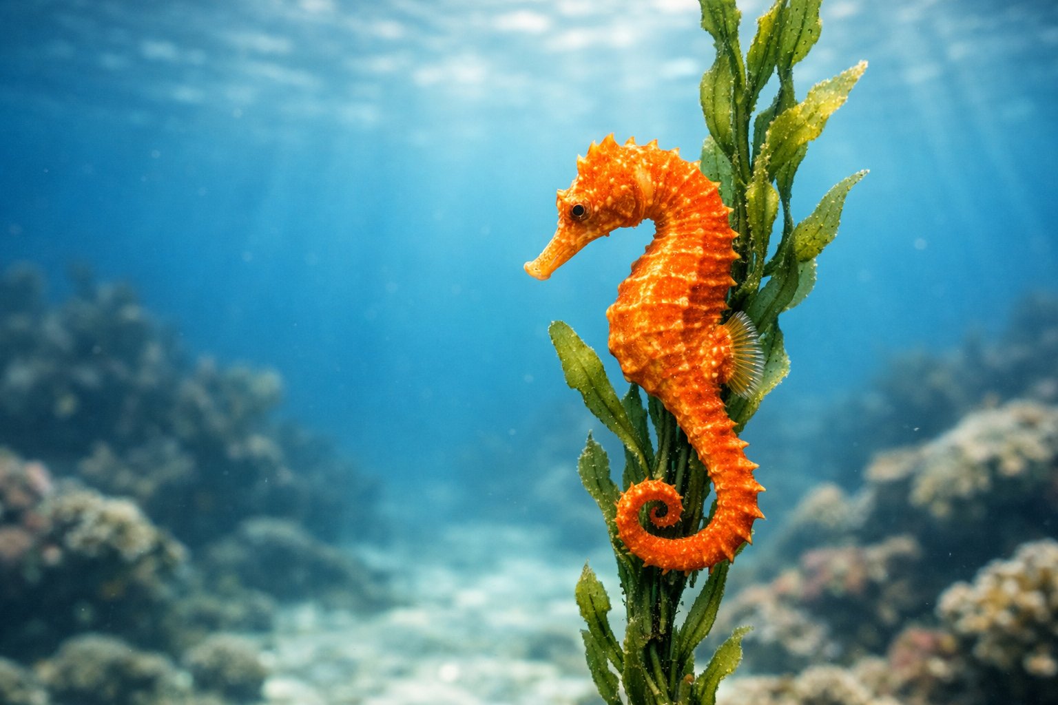 A seahorse clinging to seaweed underwater with sunlight filtering through the water.