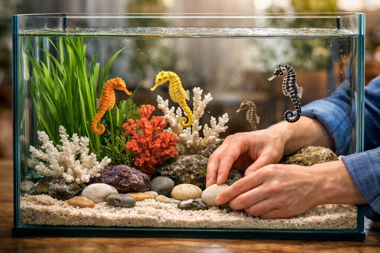 A clear aquarium with seahorses swimming among aquatic plants, with hands adjusting the tank in a cozy indoor setting.