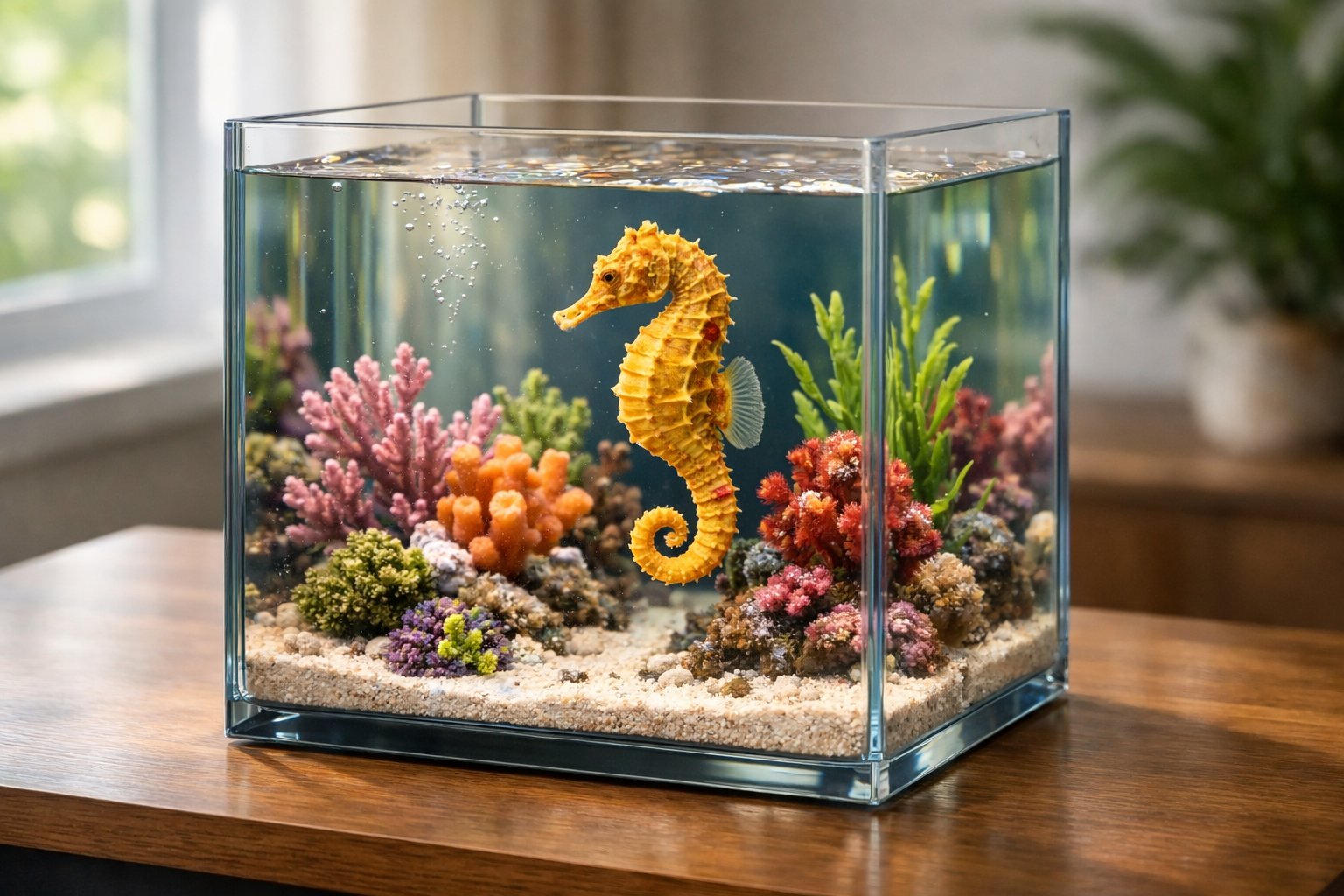 A seahorse swimming inside a clear glass aquarium with coral and plants on a wooden table indoors.