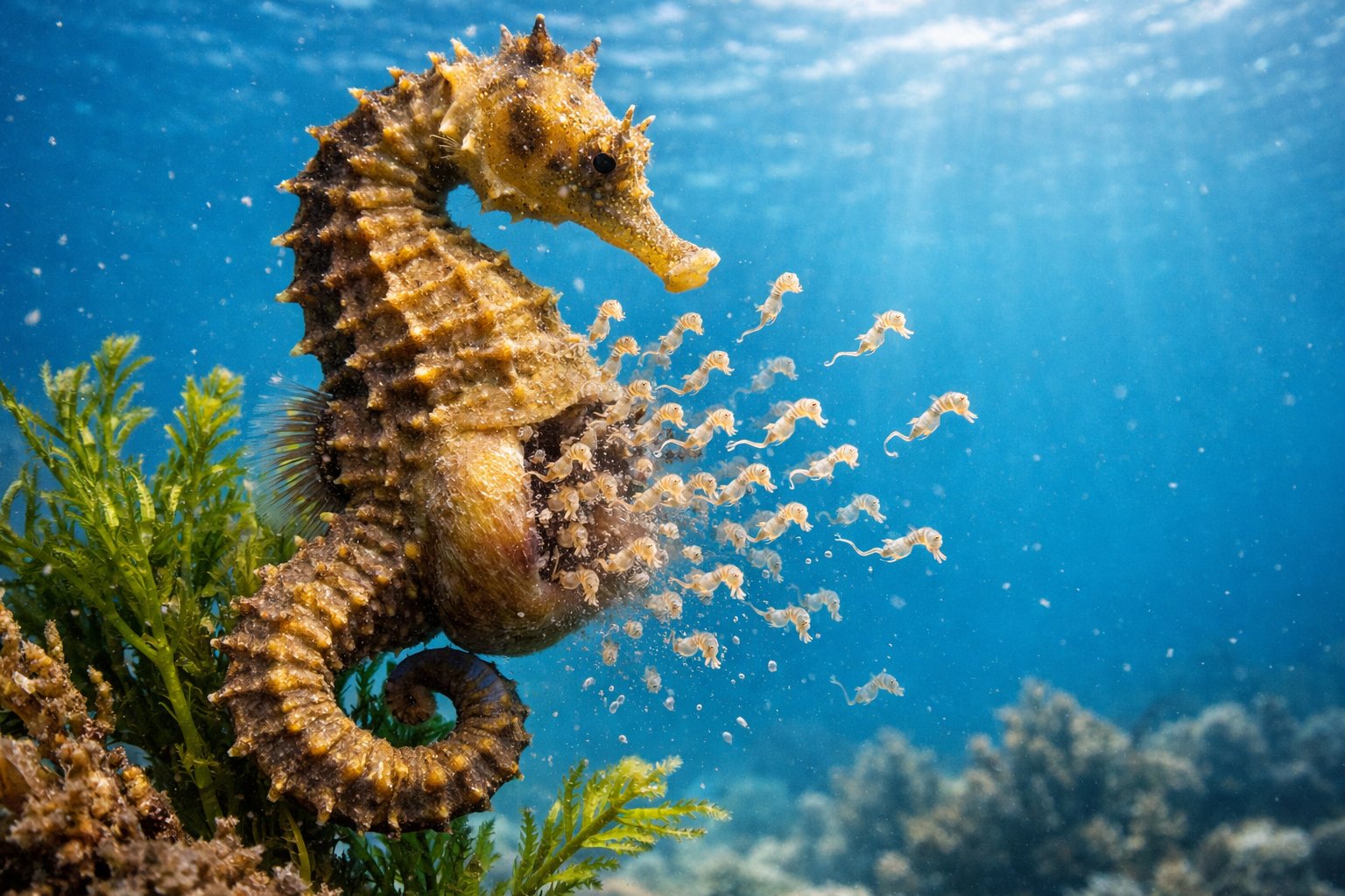 A male seahorse underwater releasing many tiny baby seahorses from its pouch among underwater plants.