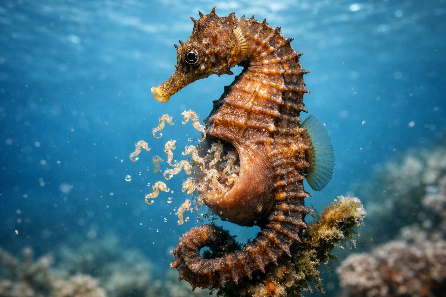 A male seahorse underwater releasing tiny baby seahorses from its brood pouch among coral and seaweed.