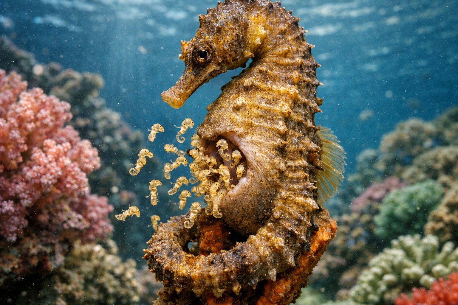 A male seahorse releasing tiny baby seahorses from its pouch underwater near a coral reef.
