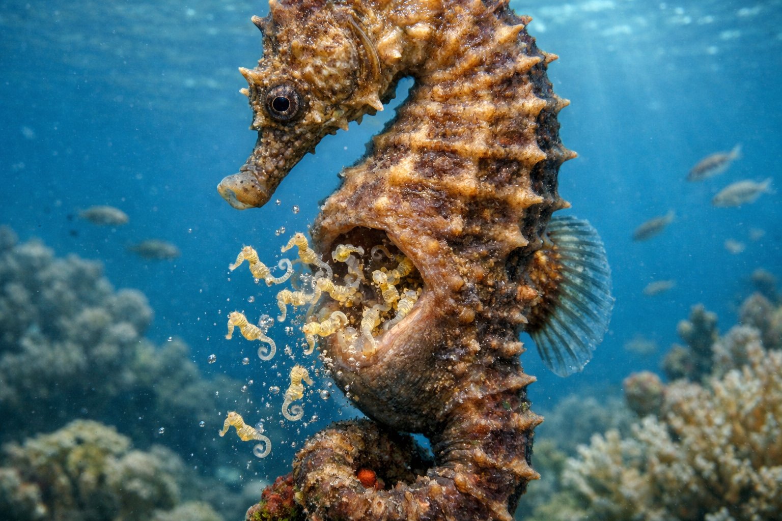 A male seahorse underwater giving birth to tiny baby seahorses from its pouch.
