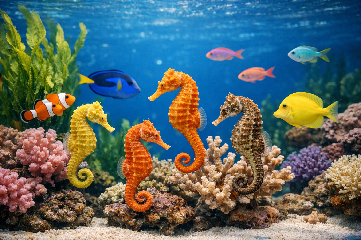 A marine aquarium showing seahorses swimming peacefully with various colorful reef fish among coral and seaweed.
