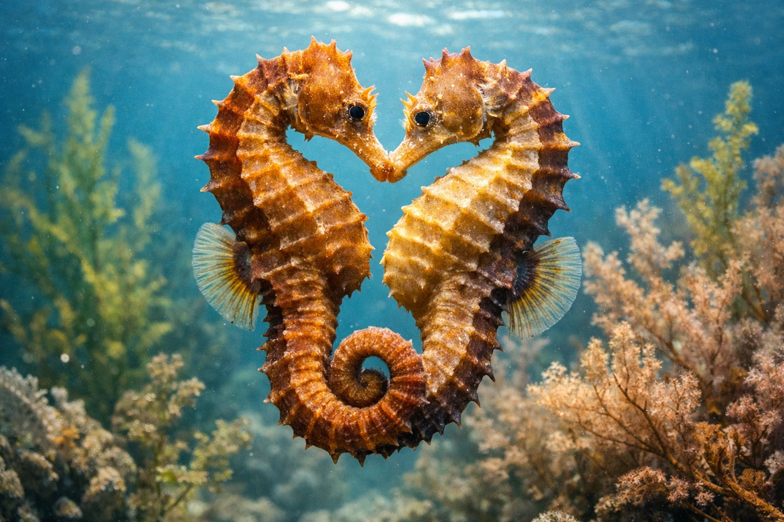 Two seahorses intertwined underwater among seaweed and coral.