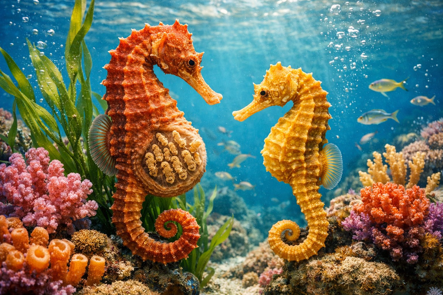 Two seahorses facing each other underwater among coral and seaweed, with one carrying tiny babies in a pouch.