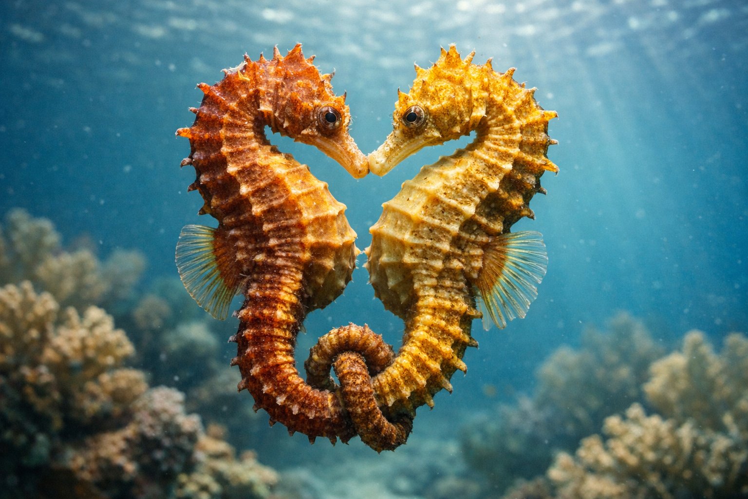 Two seahorses underwater gently facing each other surrounded by coral and sunlight.