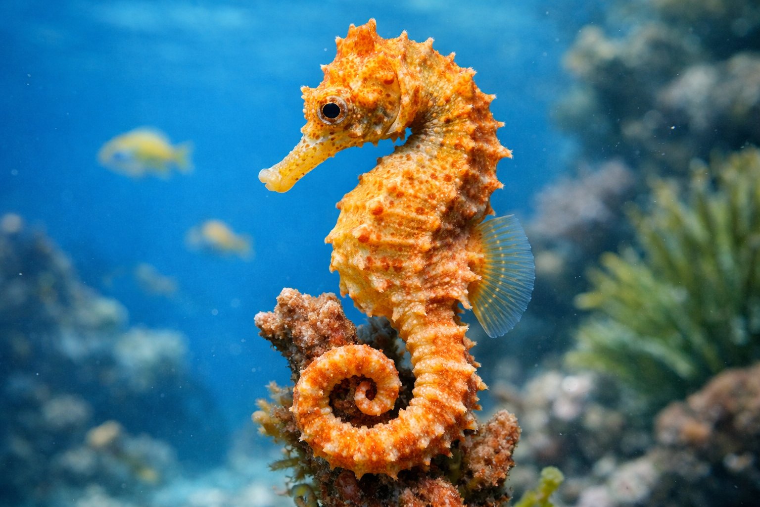 Close-up underwater image of a seahorse clinging to coral in clear ocean water.