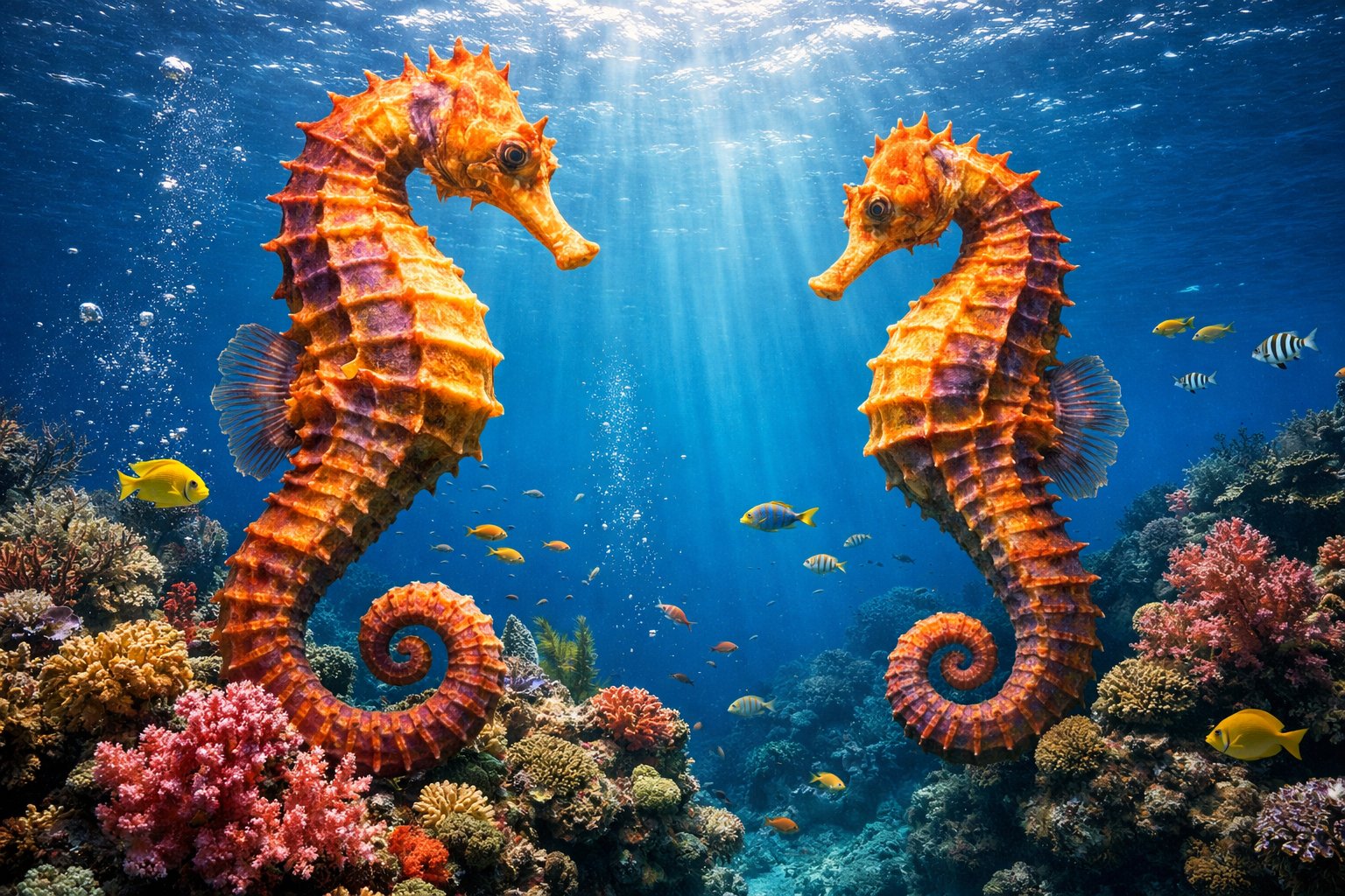Two giant seahorses swimming near a colorful coral reef underwater with sunlight filtering through the water.