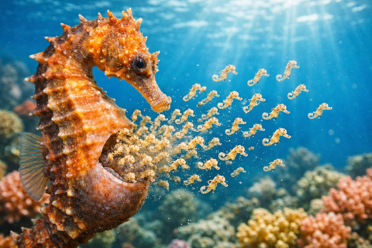 A male seahorse underwater releasing many tiny baby seahorses into the ocean near coral reefs.