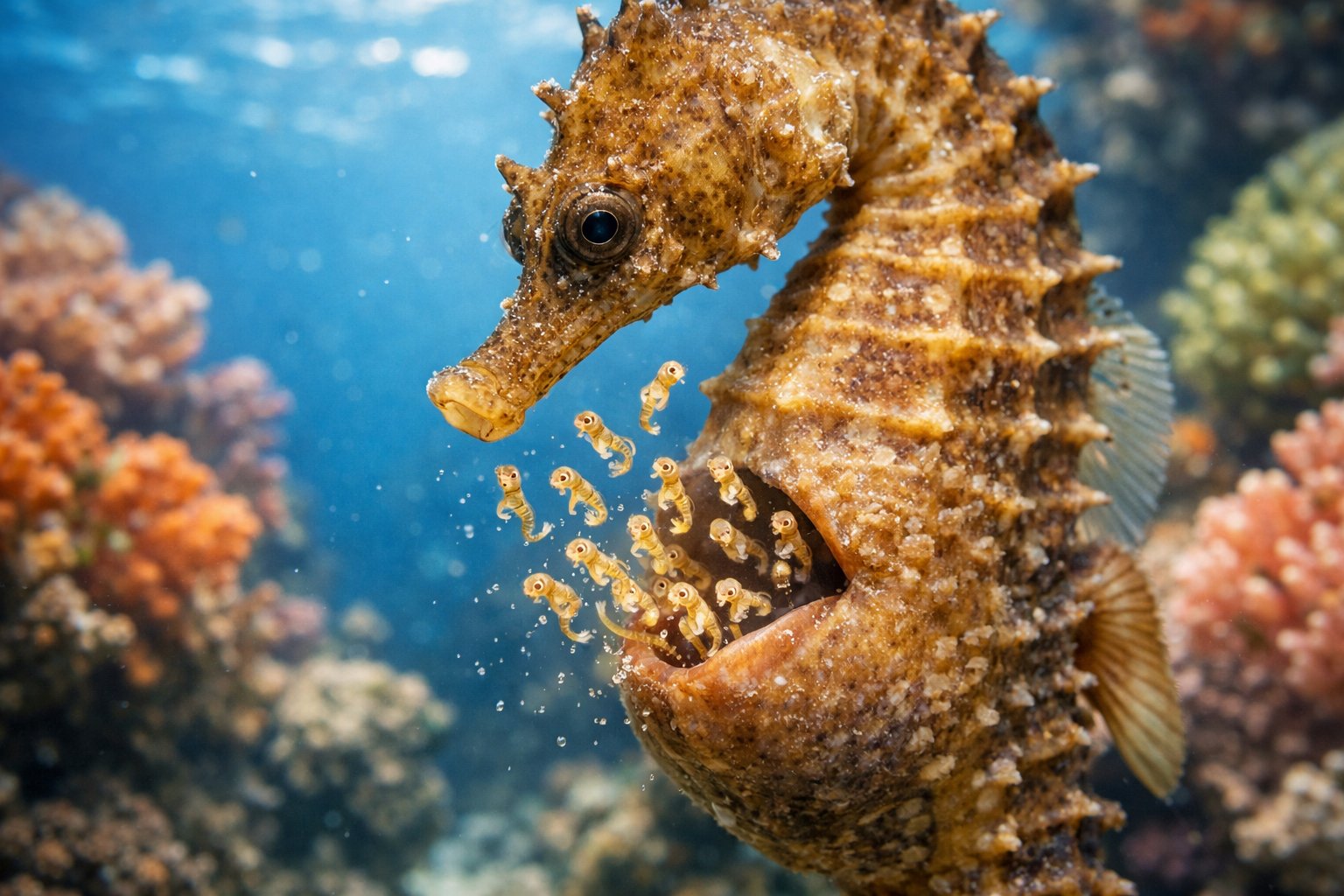 A male seahorse underwater carrying tiny baby seahorses emerging from its pouch among coral reefs.