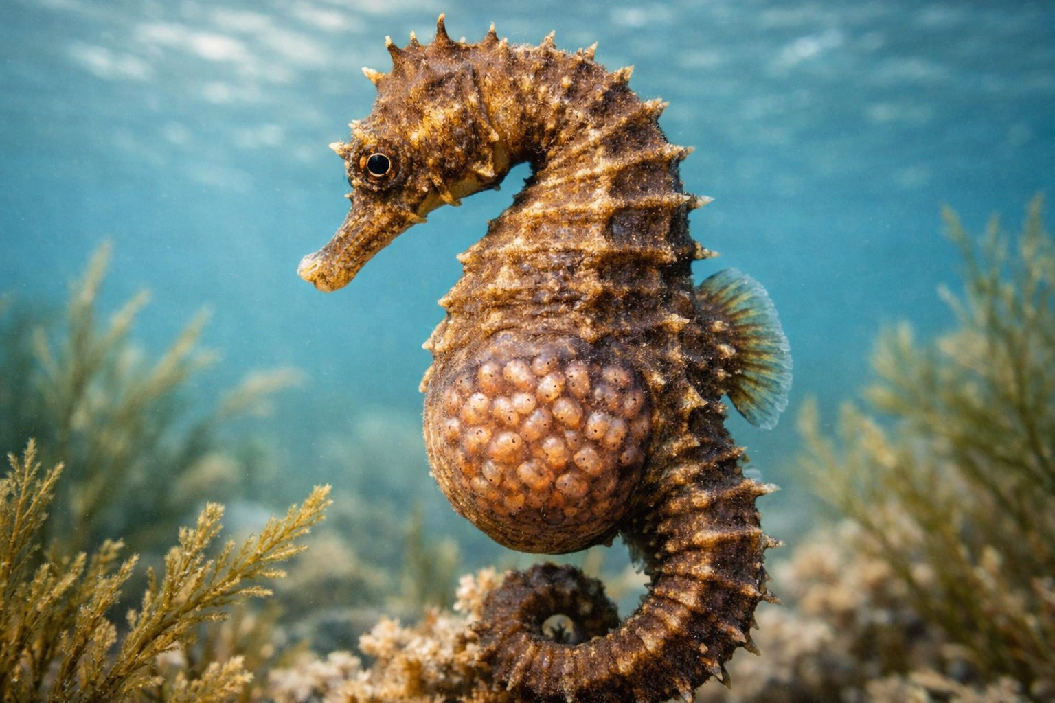 A male seahorse underwater carrying embryos in its brood pouch among aquatic plants.