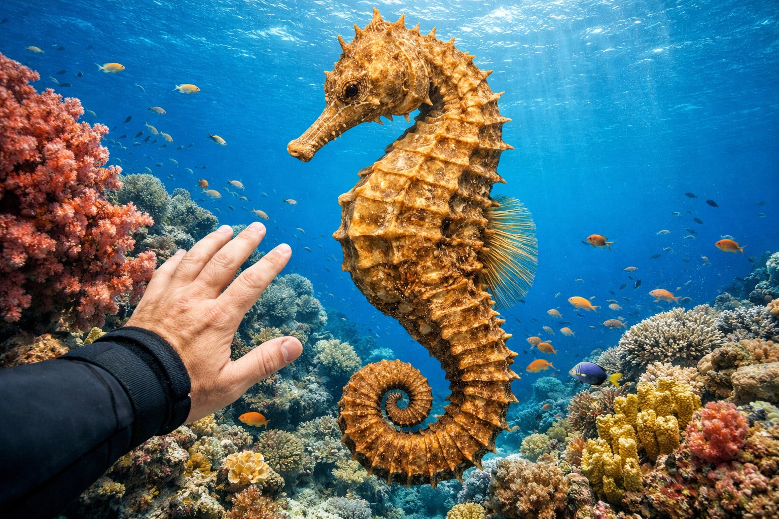 A large seahorse underwater near colorful coral with a diver’s hand nearby showing its size.