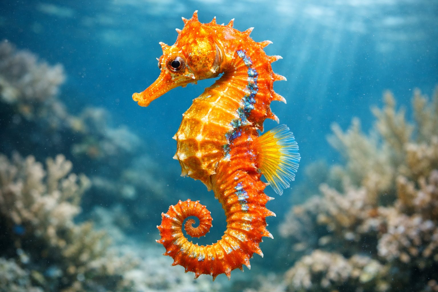 A colorful seahorse swimming upright among coral reefs and sea plants underwater.