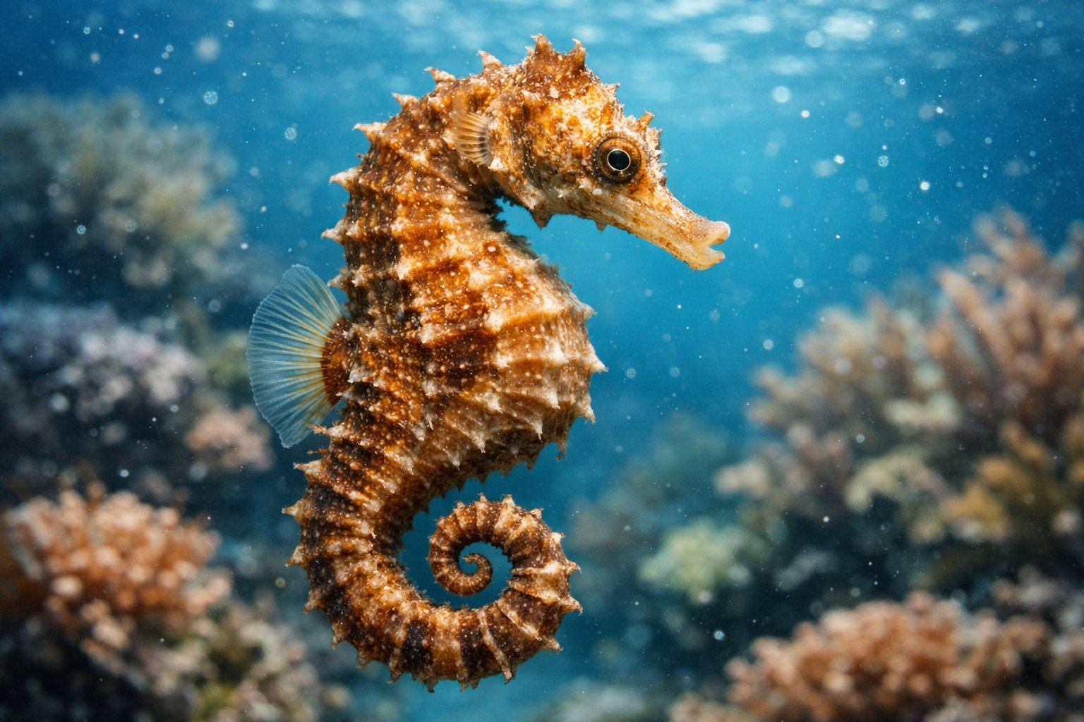 Close-up of a seahorse underwater among coral and plants with its mouth slightly open.