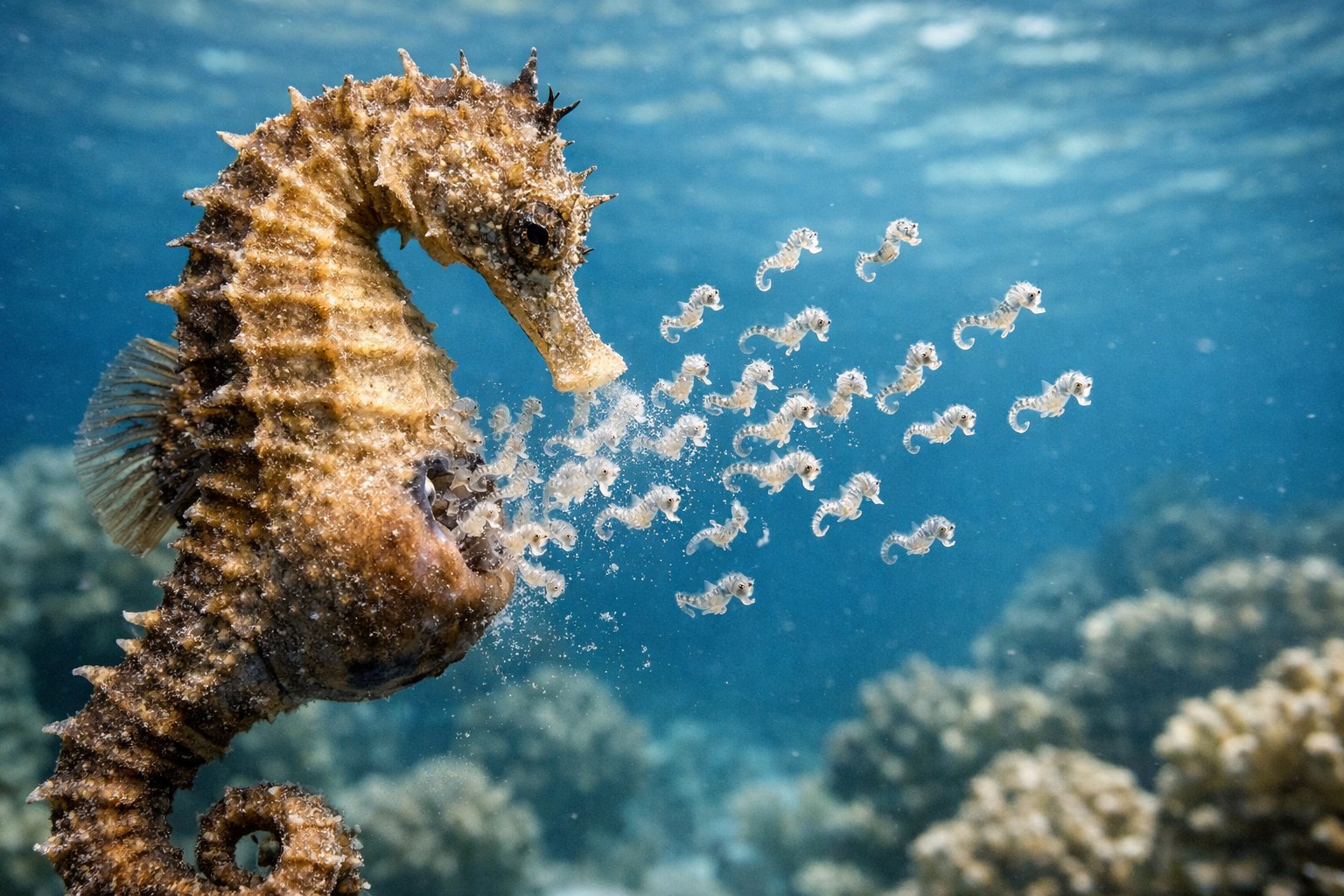 A male seahorse releasing tiny newborn seahorses underwater near coral.