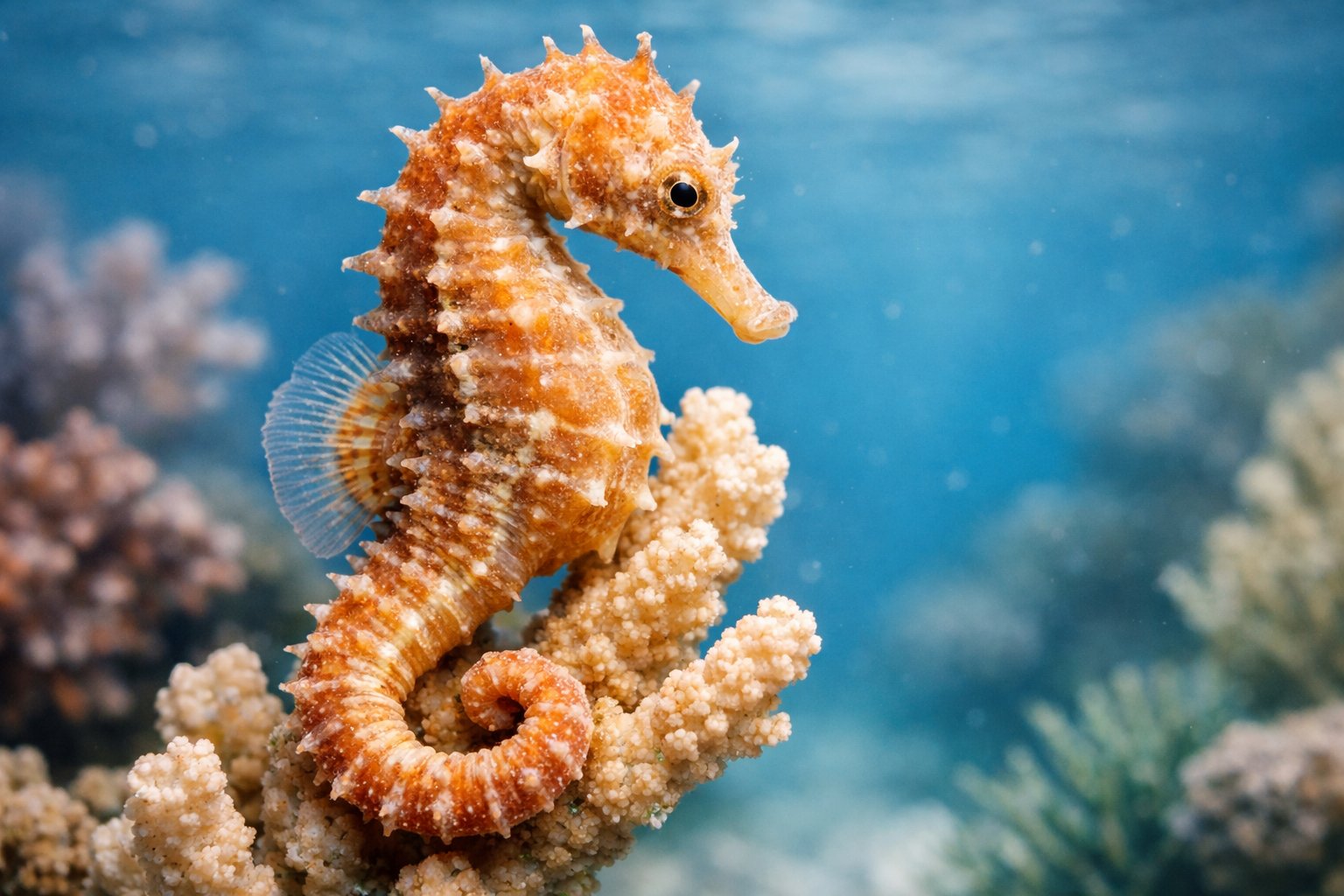 A close-up of a seahorse clinging to coral underwater with clear blue water and marine plants around it.