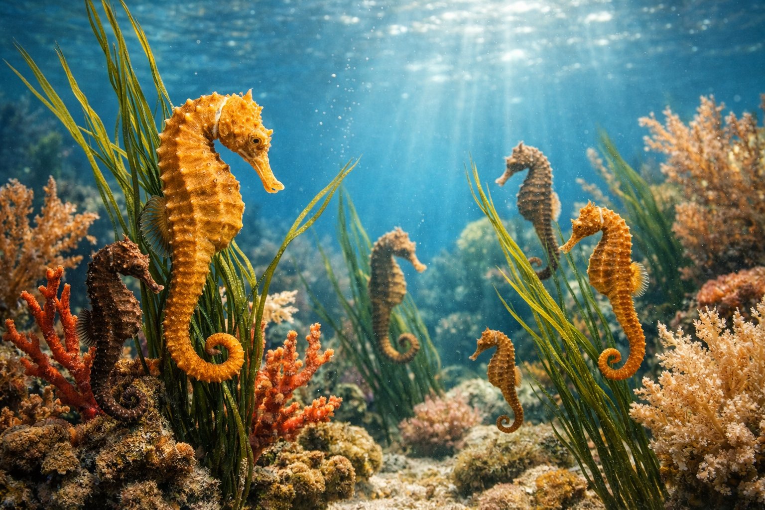 Several seahorses clinging to seaweed and coral underwater in a sunlit ocean environment.