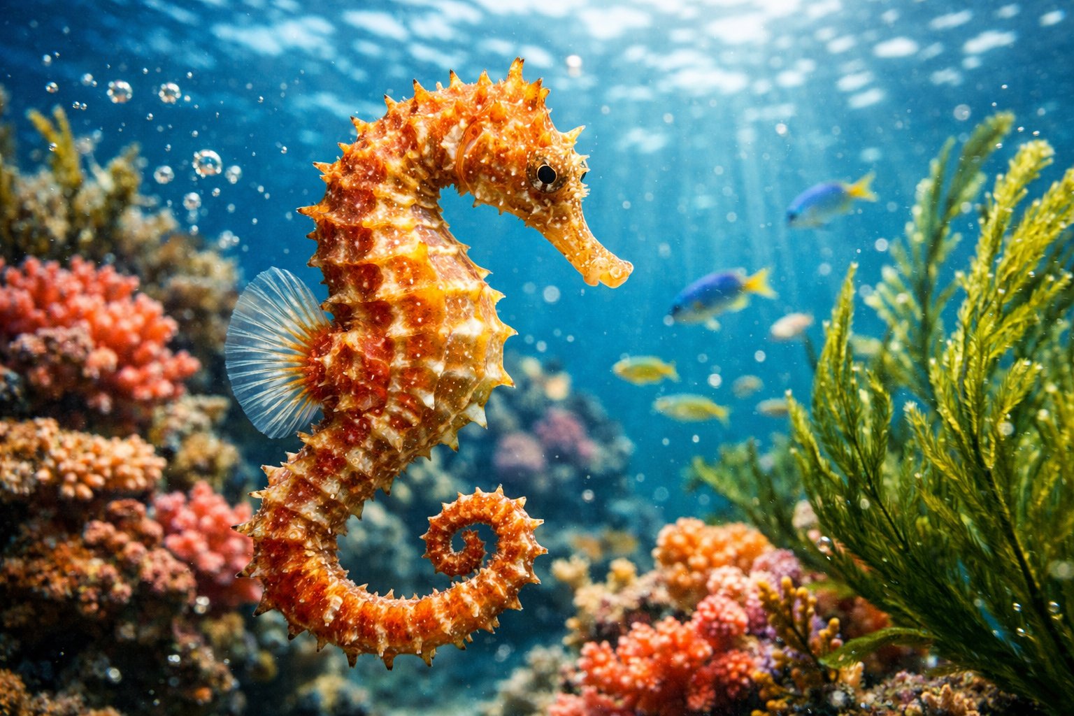 A seahorse swimming underwater near coral and seaweed with small fish around.