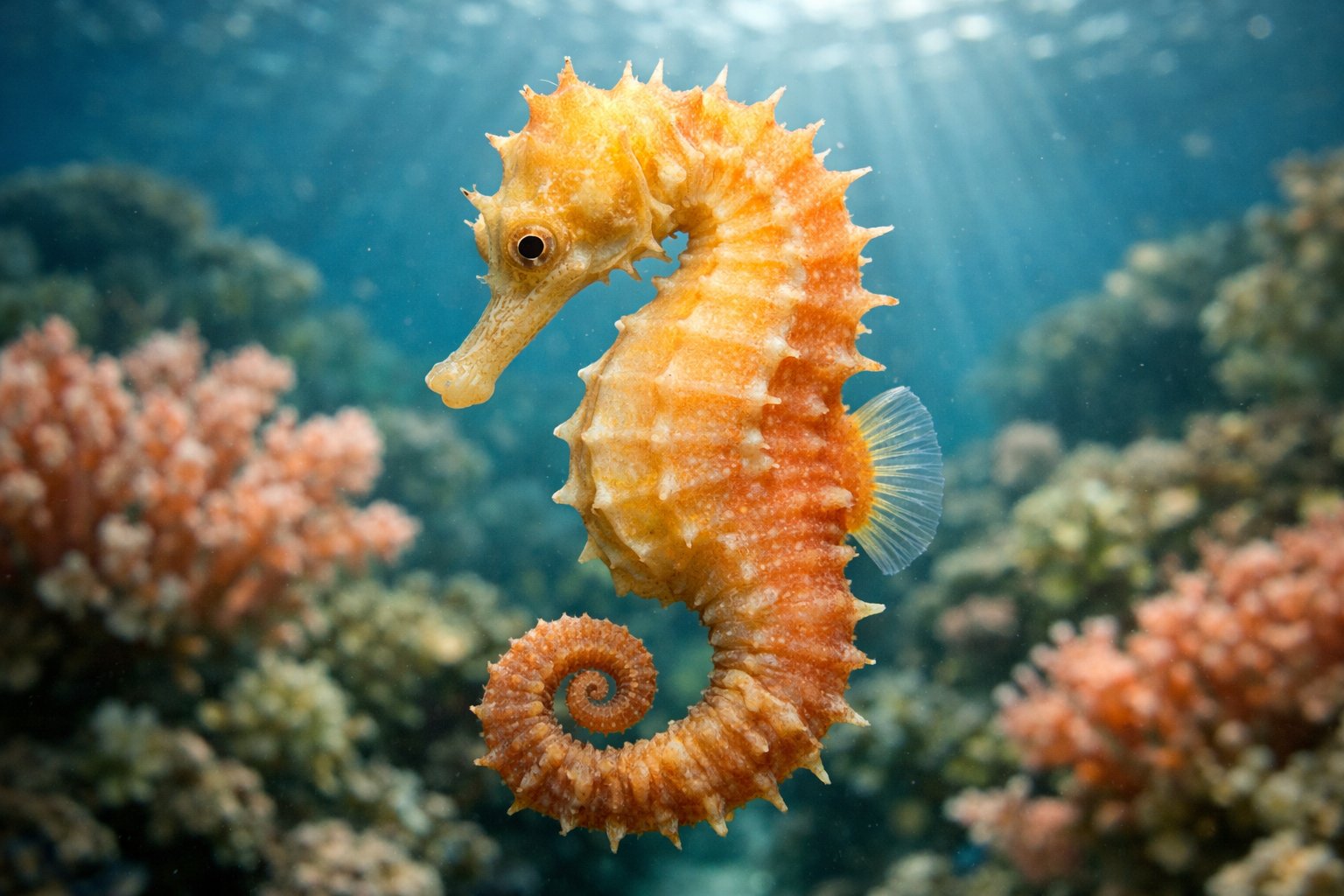 A seahorse underwater surrounded by coral and marine plants, showing a gradient of colors on its body.