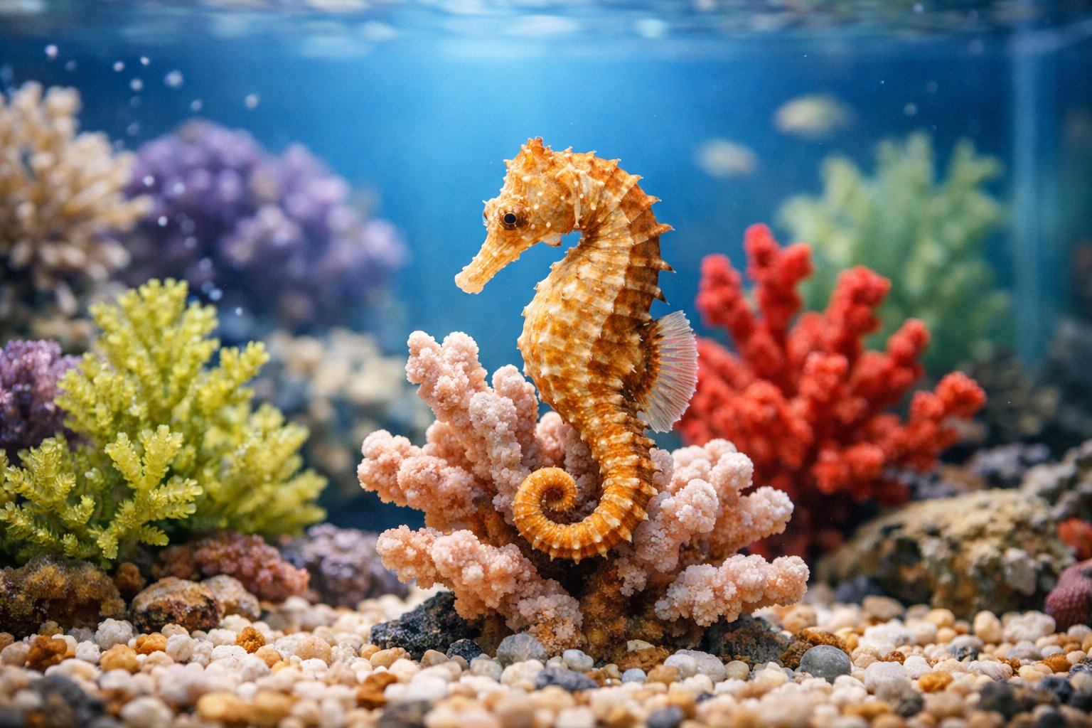 A seahorse clinging to coral inside a clear aquarium with aquatic plants and pebbles.